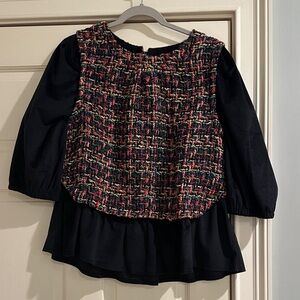 Colorful Tweed Ladies Blouse with Black Velvet Sleeves